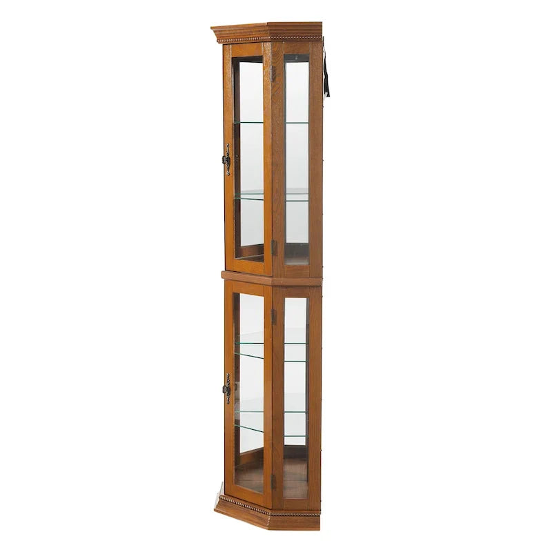 Vitrine d'angle avec éclairage, étagères réglables en verre trempé, fond miroir, meuble vitrine