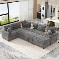 Canapé sectionnel en chenille avec canapé-lit escamotable, canapé-lit en forme de L avec ottoman de rangement, 3 coussins et prises de charge