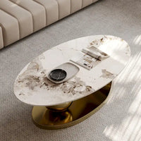 Table basse ovale moderne Pandora 51 avec plateau en pierre frittée brillante, table basse de luxe, pieds en acier inoxydable pour salon