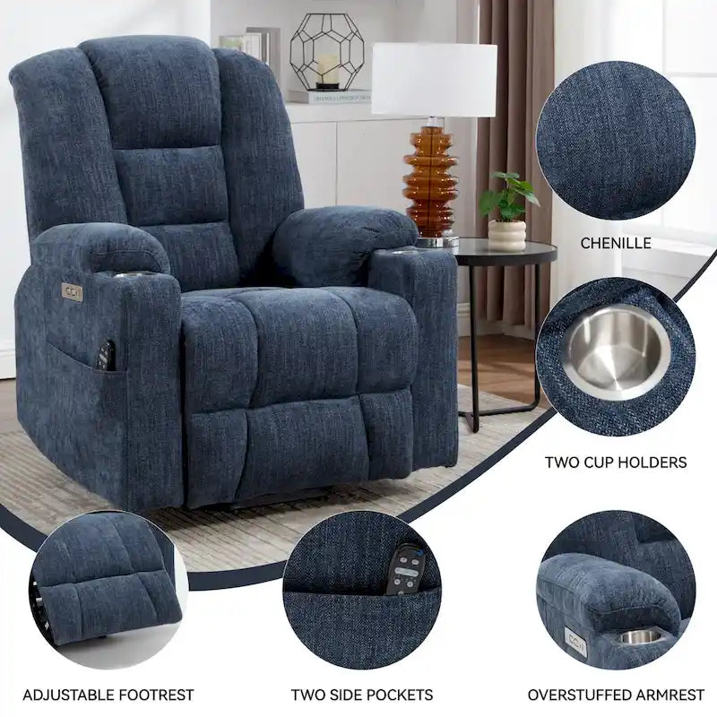 Fauteuil releveur électrique avec massage et chauffage, fauteuils inclinables larges rembourrés Lazy Boy avec USB, ports Type C et 2 porte-gobelets en acier