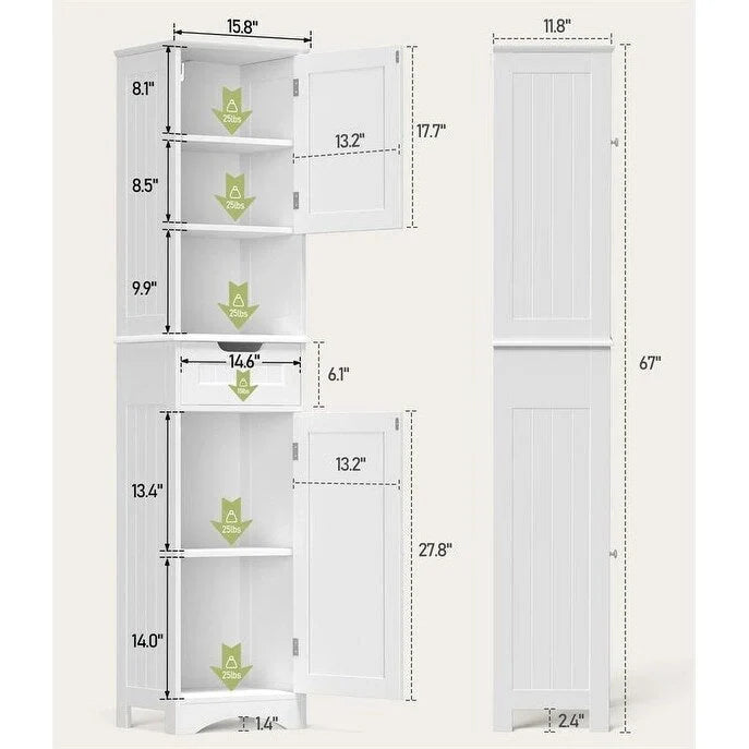 Meuble de salle de bain haut 67 H, tour à linge étroite, meuble de rangement avec 2 portes et tiroir