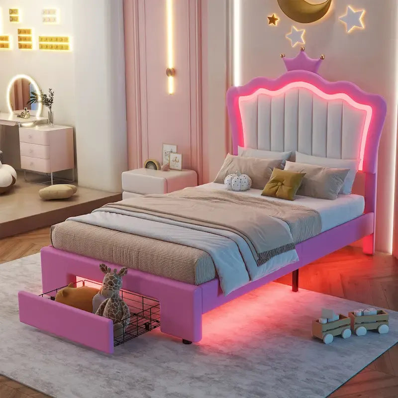 Cadre de lit simple rembourré avec éclairage LED, lit de princesse moderne à tête de lit en couronne, un tiroir, rose+blanc