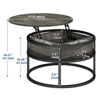 Table basse ronde relevable Moasis Farmhouse avec rangement dissimulé et étagère