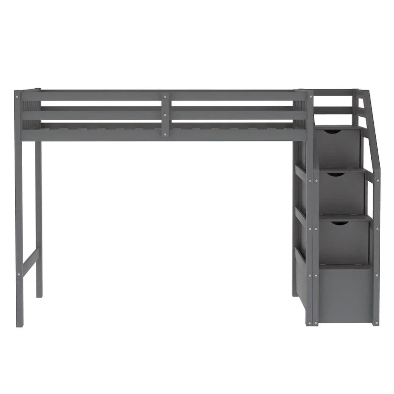 Lit mezzanine double sur lit double en bois avec escalier, balustrades hautes et échelle