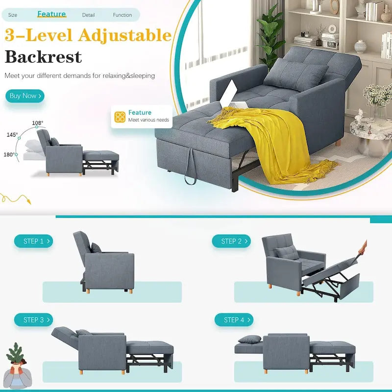 AECOJOY - Fauteuil convertible 3 en 1 avec coussin et dossier inclinable