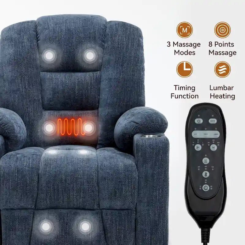 Fauteuil releveur électrique avec massage et chauffage, fauteuils inclinables larges rembourrés Lazy Boy avec USB, ports Type C et 2 porte-gobelets en acier
