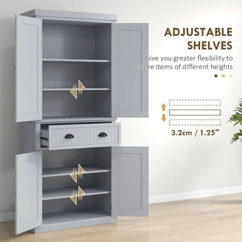 Meuble de rangement de cuisine autoportant traditionnel de 72 pouces avec 4 portes et 3 étagères réglables, grand tiroir central