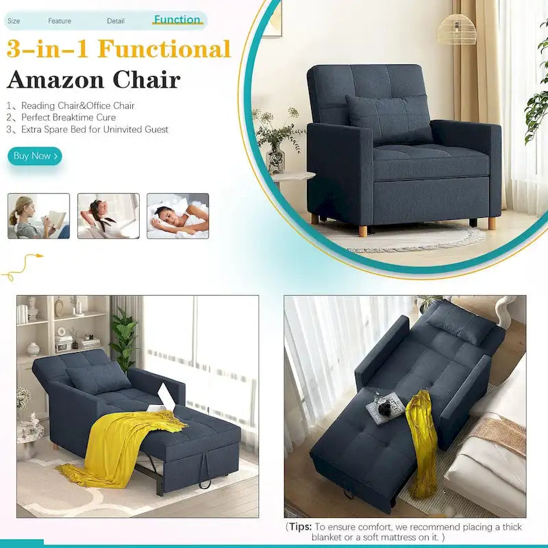 AECOJOY - Fauteuil convertible 3 en 1 avec coussin et dossier inclinable