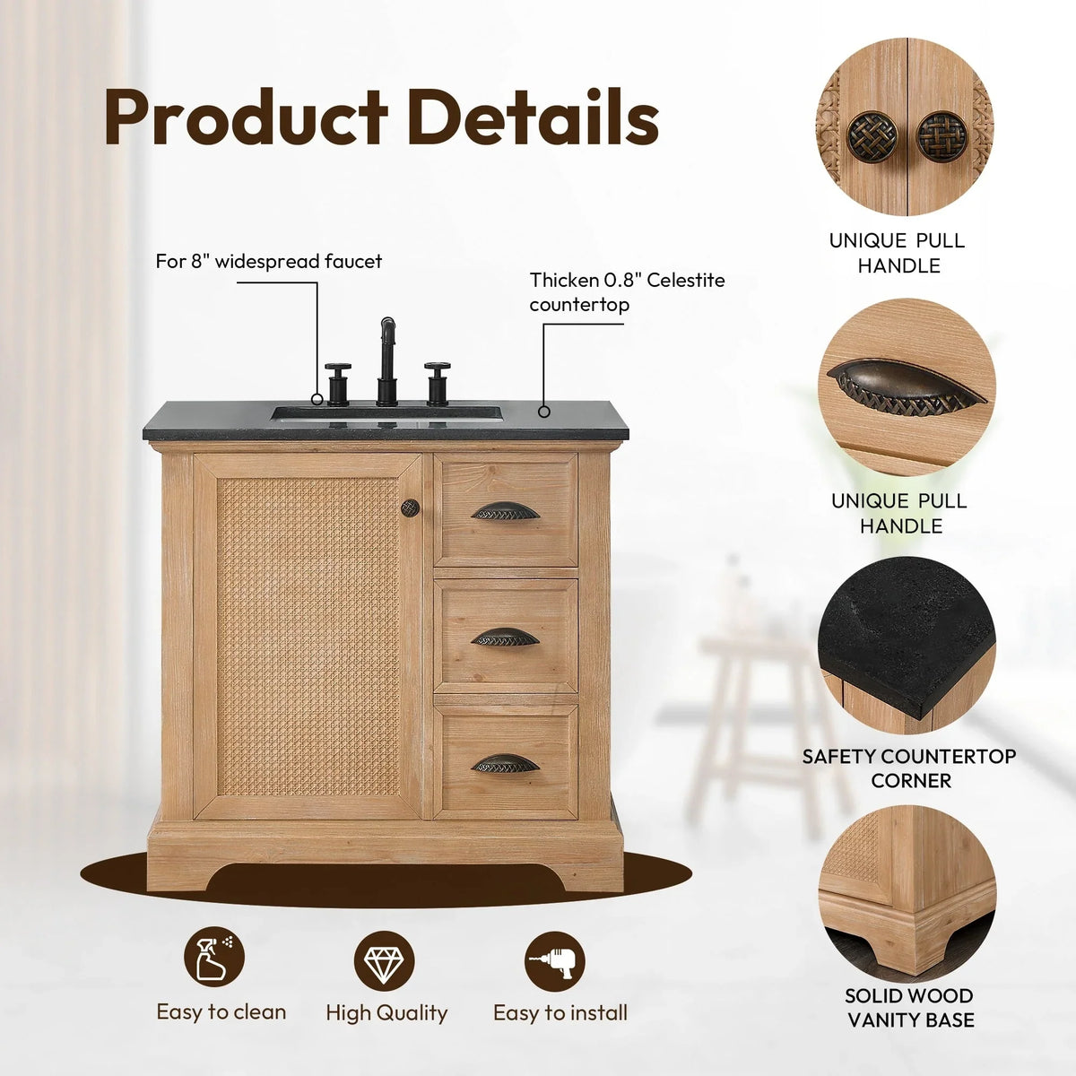 Hervas Meuble-lavabo avec dessus en marbre naturel sans miroir