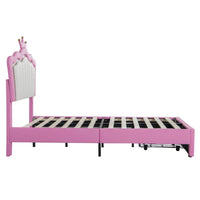 Cadre de lit simple rembourré avec éclairage LED, lit de princesse moderne à tête de lit en couronne, un tiroir, rose+blanc