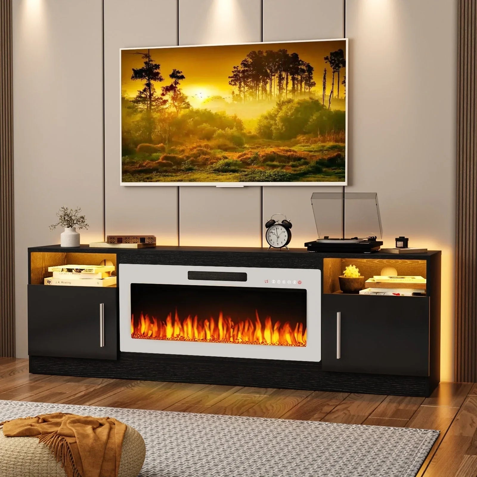 Bossin Meuble TV avec foyer 70 avec foyer électrique 36, meuble TV pour téléviseurs jusqu'à 80, LED 16 couleurs/meuble de divertissement