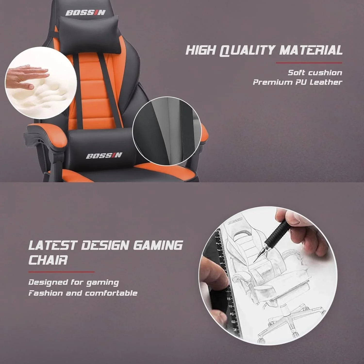 BOSSIN Chaise de gaming style racing, chaise de gamer grande et haute 300 lb à dossier haut chaise informatique