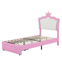 Cadre de lit simple rembourré avec éclairage LED, lit de princesse moderne à tête de lit en couronne, un tiroir, rose+blanc