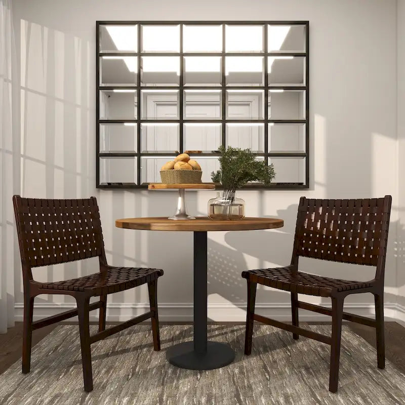 Chaises de salle à manger tressées faites à la main en cuir avec cadre en bois de teck - Lot de 2 Marron, Blanc ou Noir - Roche River Decor