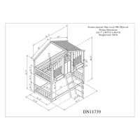 Lit superposé cabane jumeau sur jumeau avec toit, fenêtre, jardinière, porte, barrières de sécurité et échelle, gris