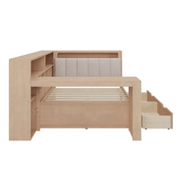Canapé lit de jour en bois en forme de L avec bureau, bibliothèque, lit d'angle avec tiroirs sous le lit, tête de lit tapissée et éclairage intégré