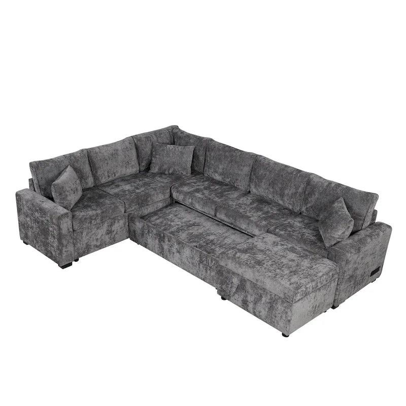 Canapé sectionnel en chenille avec canapé-lit escamotable, canapé-lit en forme de L avec ottoman de rangement, 3 coussins et prises de charge