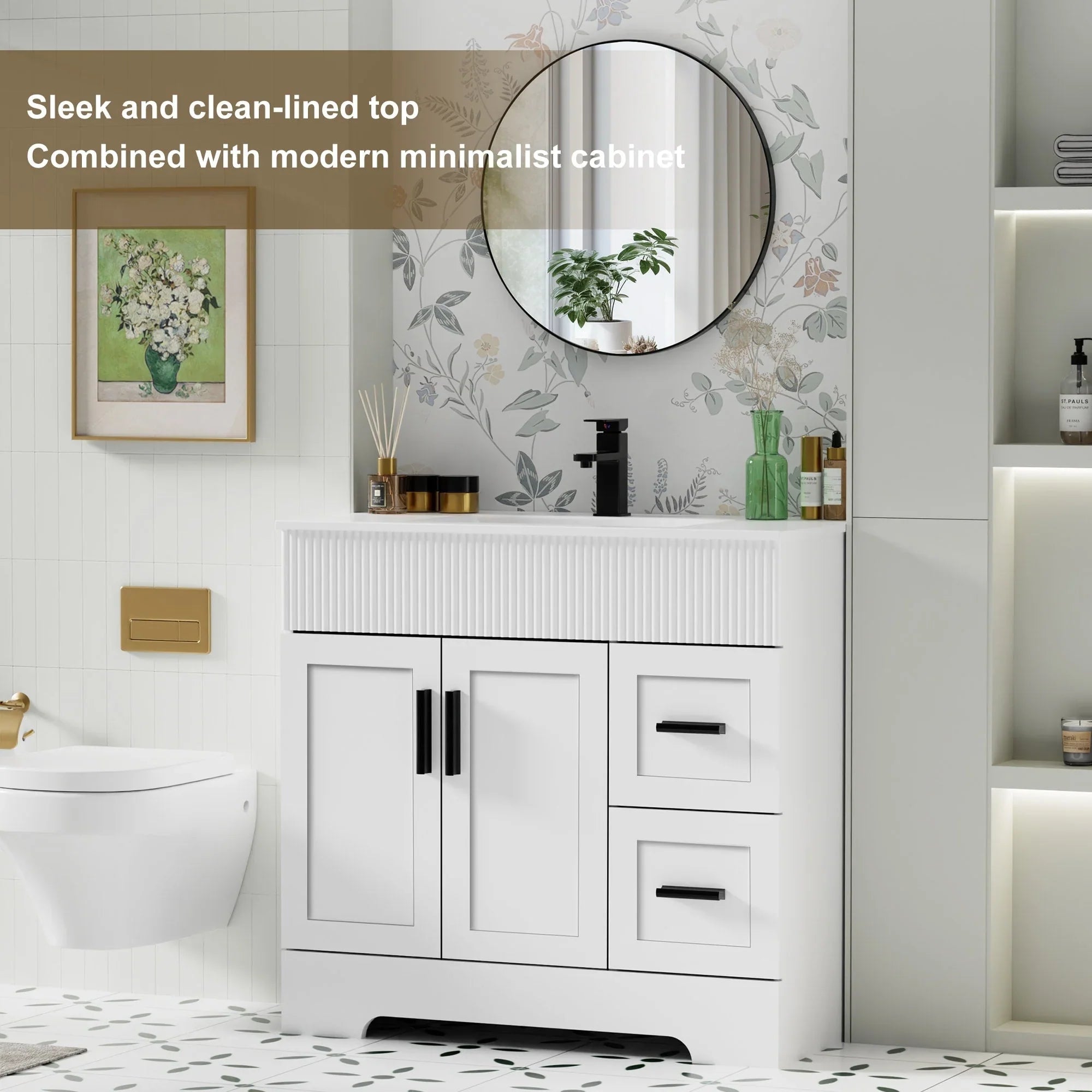 Wavy Line Ensemble meuble-lavabo de salle de bain 30/36/48 avec vasque & robinet