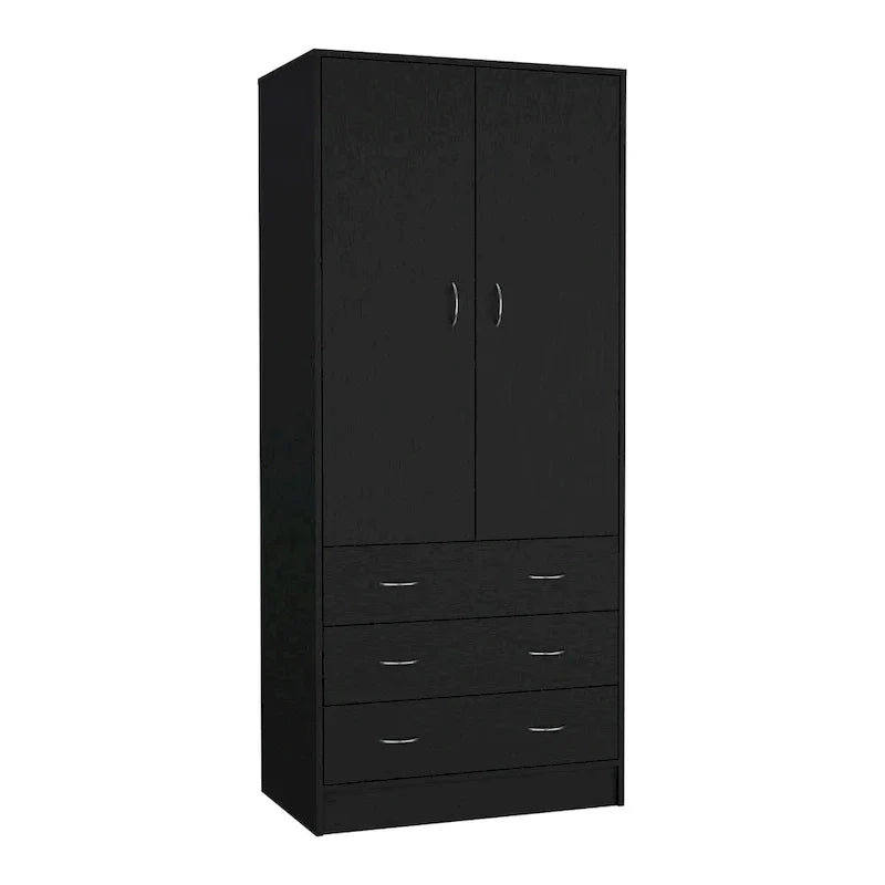 Armoire moderne à double porte 19 avec 3 tiroirs et 1 tringle de suspension pour chambre