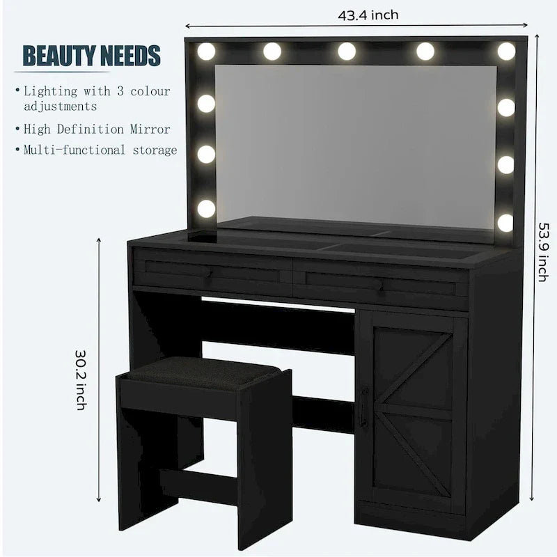 Roomfitters Coiffeuse de maquillage fermette avec éclairage, bureau coiffeuse avec porte de grange, table de maquillage 2 tiroirs avec miroir éclairé