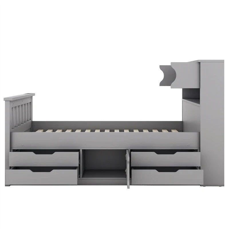 Lit plateforme capitaine double/grand avec 4 tiroirs et étagères de rangement, cadre de lit en bois massif avec tête de lit bibliothèque de rangement