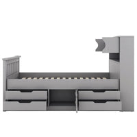 Lit plateforme capitaine double/grand avec 4 tiroirs et étagères de rangement, cadre de lit en bois massif avec tête de lit bibliothèque de rangement