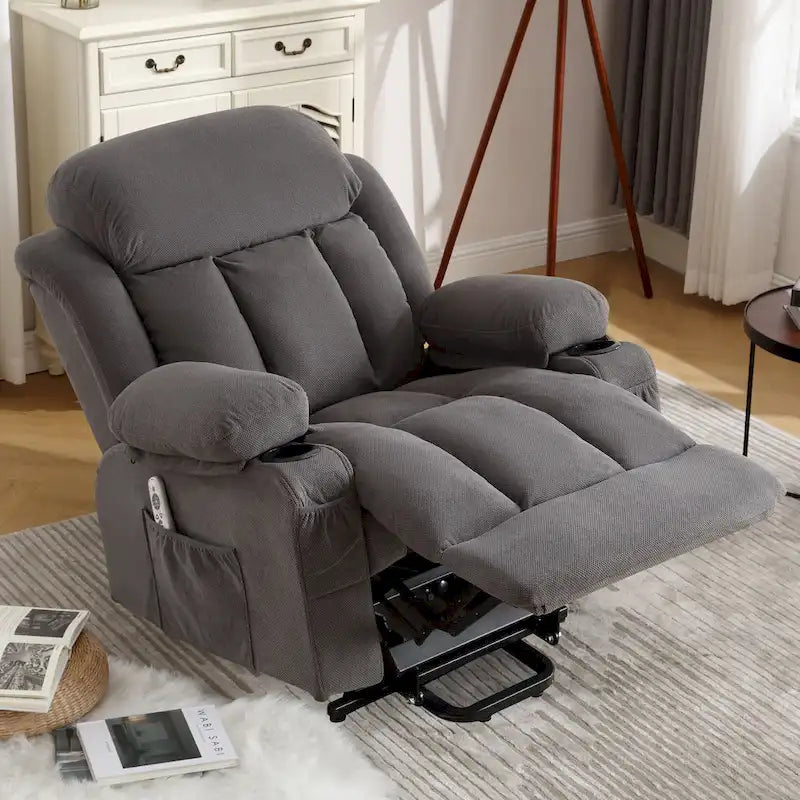 Fauteuil releveur électrique gris avec massage chauffant, charge USB, télécommande et poches latérales pratiques pour seniors