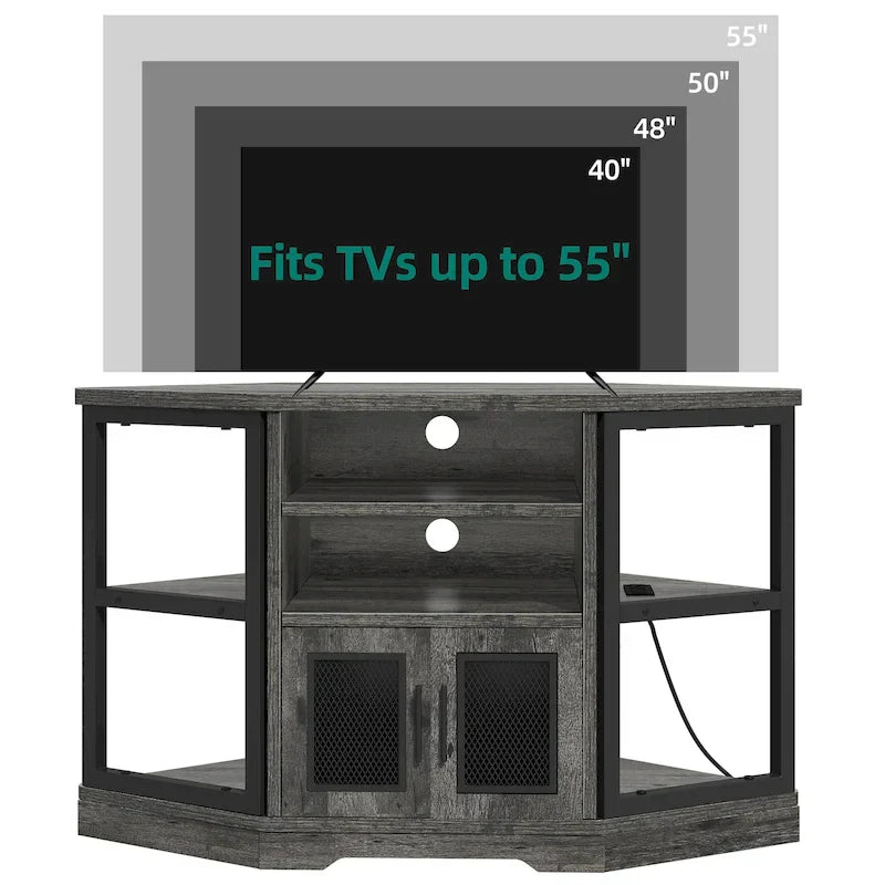 Meuble TV d'angle de ferme, meuble multimédia avec prise de courant pour téléviseurs jusqu'à 55 pouces