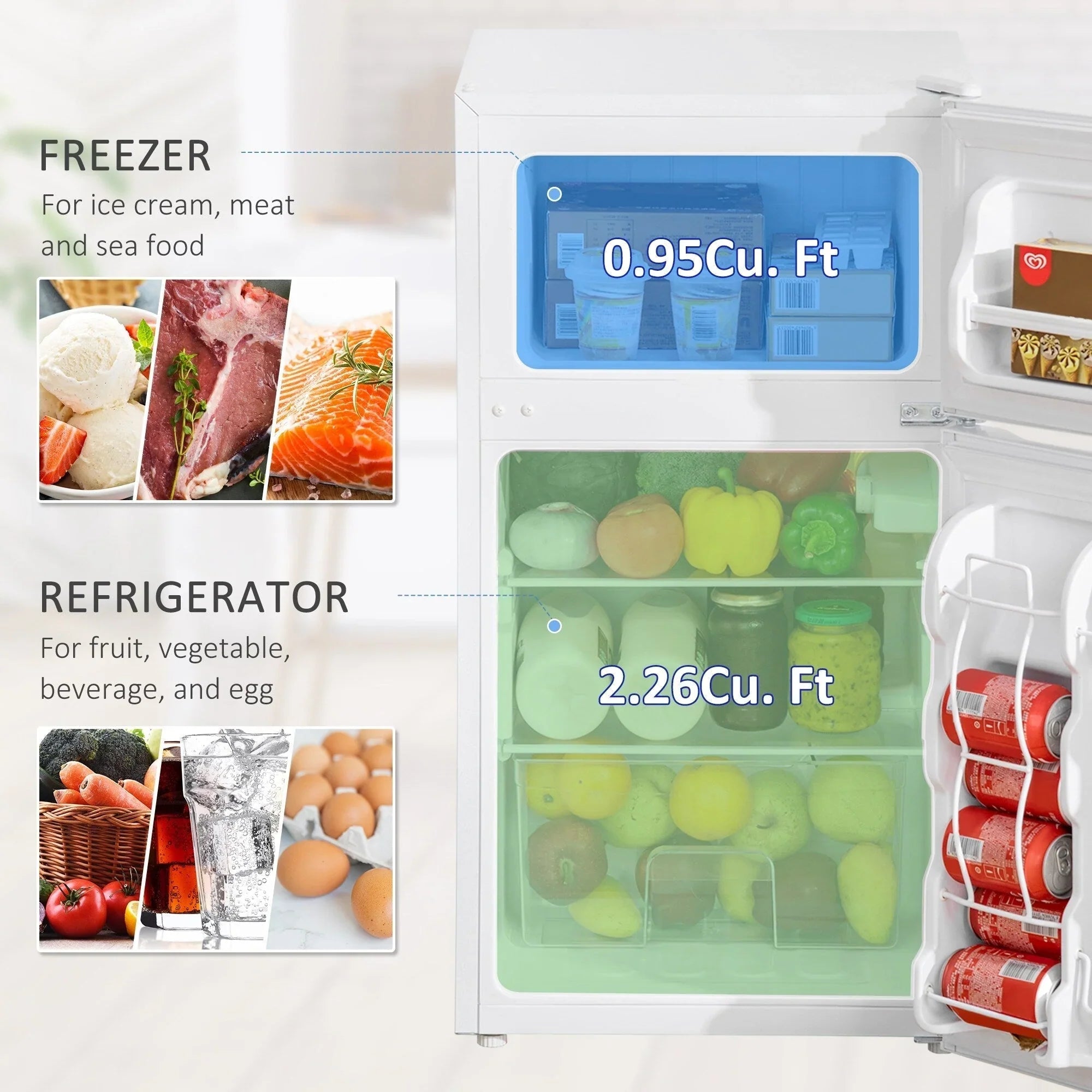 HOMCOM Mini-réfrigérateur double porte avec congélateur, réfrigérateur compact 3.2 pi³ avec étagère réglable, thermostat réglable