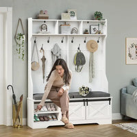 Hall Tree avec banc et rangement à chaussures, porte-manteau, porte de grange