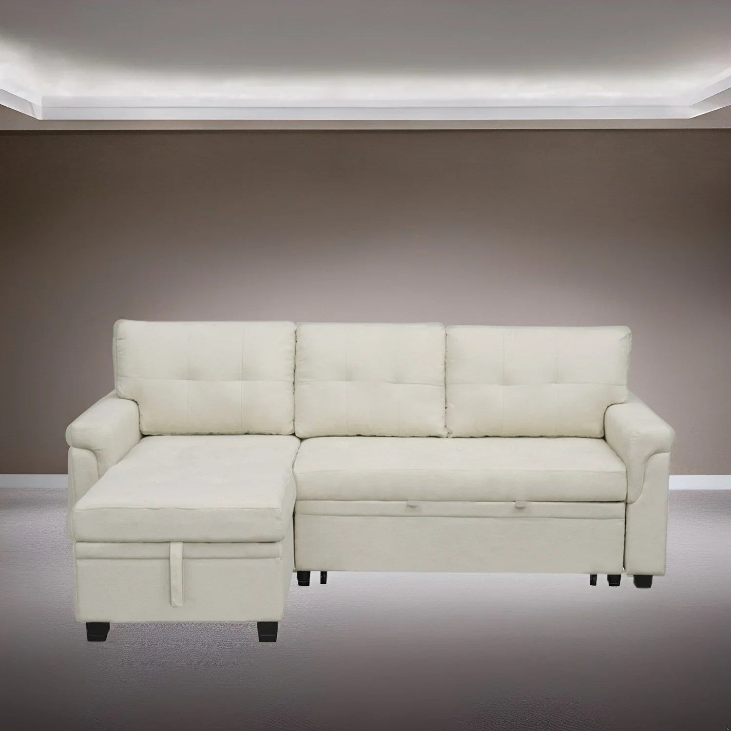 Canapé sectionnel réversible avec lit escamotable, méridienne de rangement dissimulée, pieds durables,