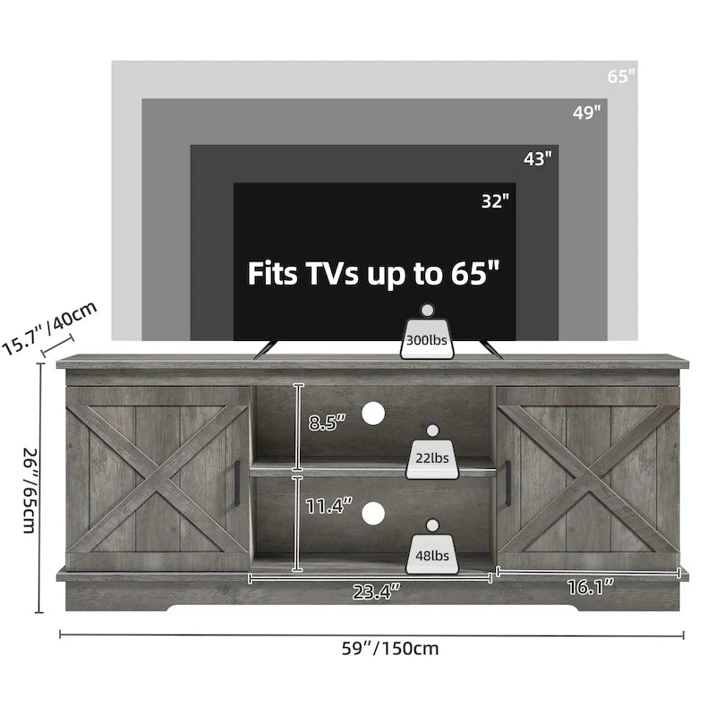 Meuble TV de ferme pour téléviseur de 65 pouces, meuble console média, portes de grange rustiques