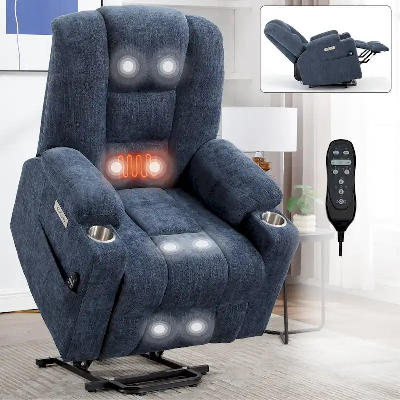 Fauteuil releveur électrique avec massage et chauffage, fauteuils inclinables larges rembourrés Lazy Boy avec USB, ports Type C et 2 porte-gobelets en acier