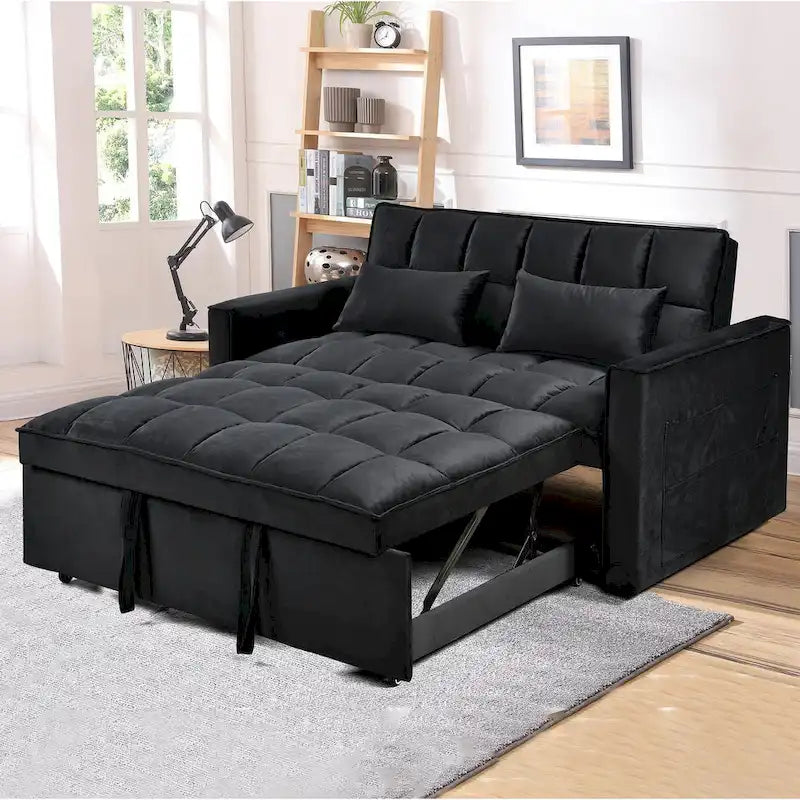 Causeuse de futon moderne en velours avec dossier inclinable et poches, 2 places – Gris foncé / Gris clair / Bleu / Noir