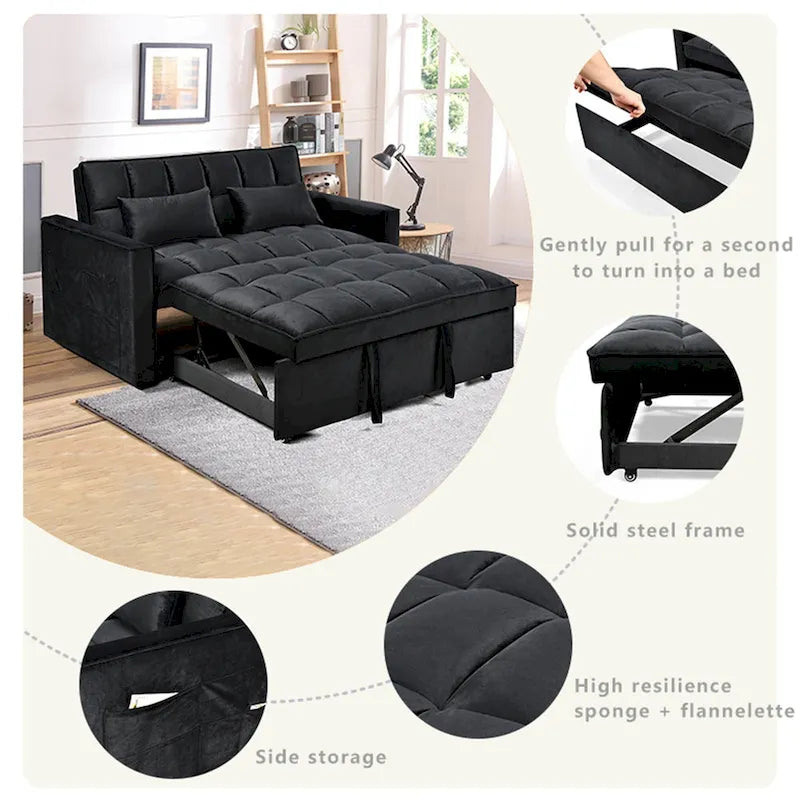 Causeuse de futon moderne en velours avec dossier inclinable et poches, 2 places – Gris foncé / Gris clair / Bleu / Noir