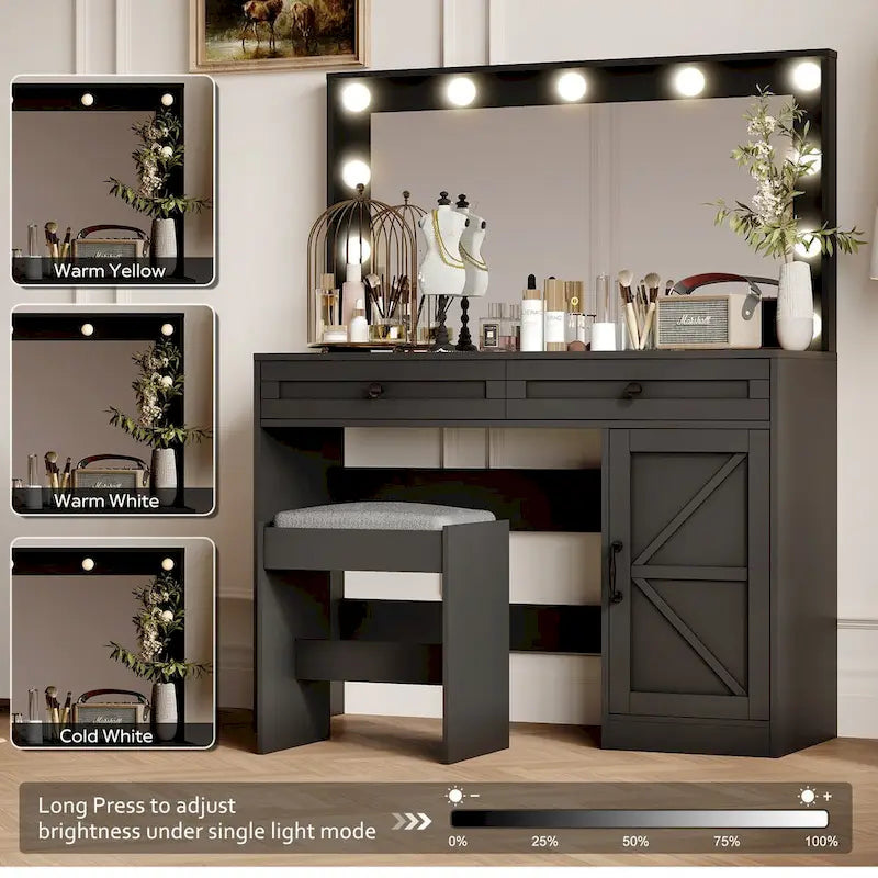 Roomfitters Coiffeuse de maquillage fermette avec éclairage, bureau coiffeuse avec porte de grange, table de maquillage 2 tiroirs avec miroir éclairé