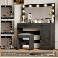 Coiffeuse de ferme Roomfitters avec lumières, coiffeuse avec porte coulissante, table de maquillage à 2 tiroirs avec miroir éclairé