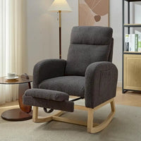 Fauteuil à bascule rembourré moderne de 75 cm de hauteur avec dossier haut, pieds en bois massif et repose-pieds réglable