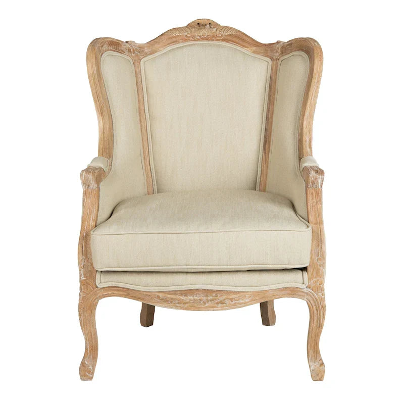 Fauteuil à oreilles Safavieh Couture Kali en chêne et lin naturel - 34 larg. x 34 prof. x 40 haut.