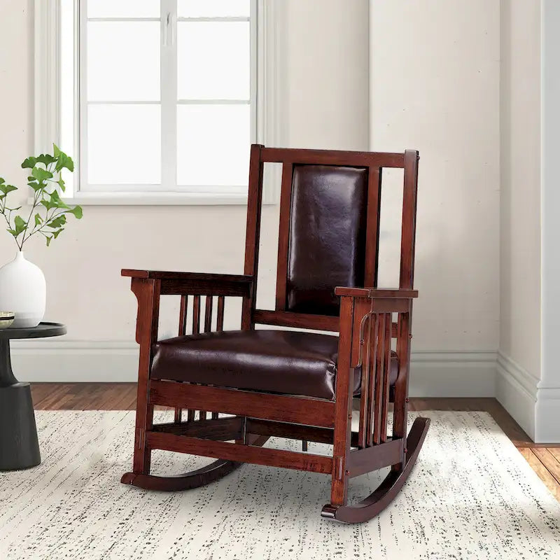 Chaise berçante de style Mission, assise et dossier rembourrés en cuir, tabac et brun foncé
