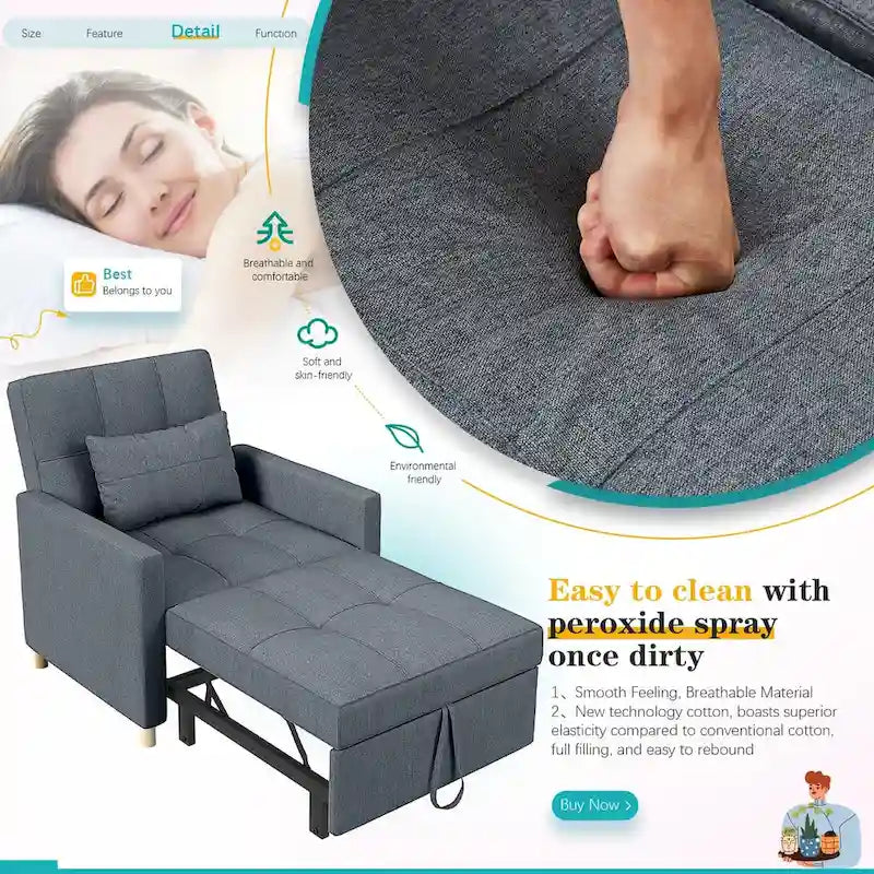 AECOJOY - Fauteuil convertible 3 en 1 avec coussin et dossier inclinable