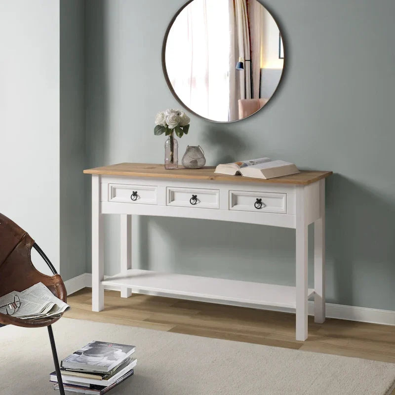 Console de couloir rustique en pin massif, blanc cérusé / marron antique / gris cérusé / non peinte, 3 tiroirs