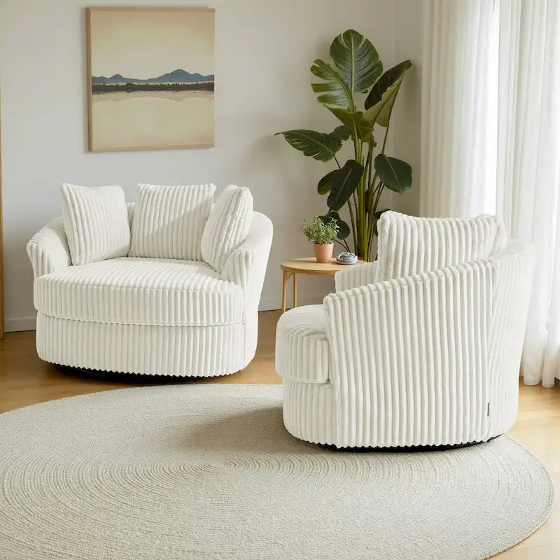 Lot de 2 fauteuils tonneau pivotants surdimensionnés 43 W en velours côtelé moelleux avec coussins