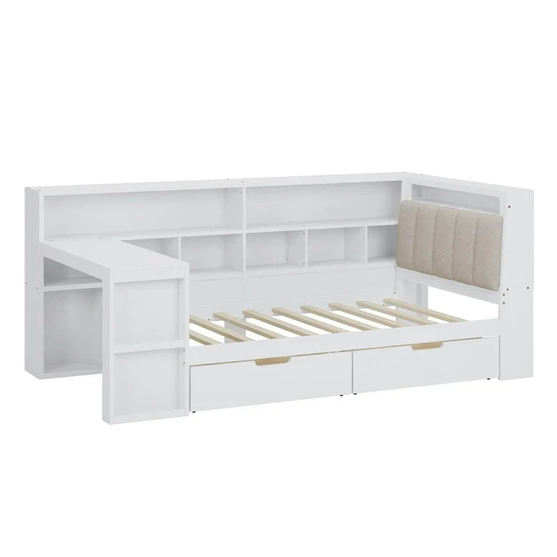 Canapé lit de jour en bois en forme de L avec bureau, bibliothèque, lit d'angle avec tiroirs sous le lit, tête de lit tapissée et éclairage intégré