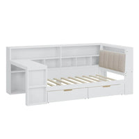 Canapé lit de jour en bois en forme de L avec bureau, bibliothèque, lit d'angle avec tiroirs sous le lit, tête de lit tapissée et éclairage intégré