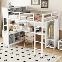 Lit mezzanine en métal blanc cassé avec bureau et armoire - Grand lit