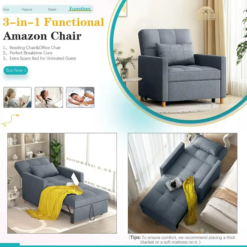AECOJOY - Fauteuil convertible 3 en 1 avec coussin et dossier inclinable