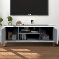 Meuble TV de 150 cm avec portes miroir en losange et rangement pour téléviseurs jusqu'à 65 pouces