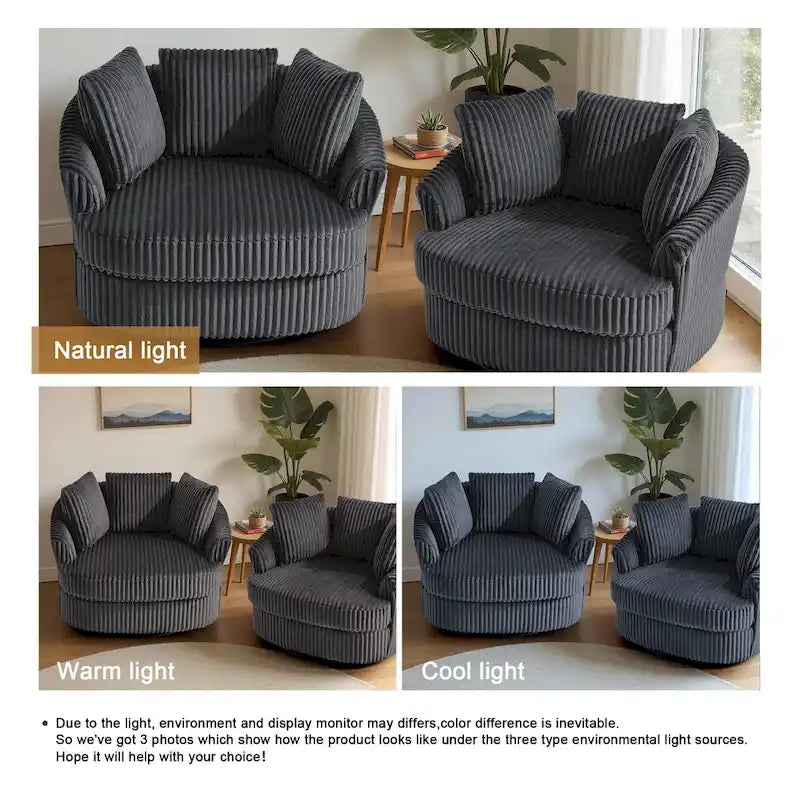 Lot de 2 fauteuils tonneau pivotants surdimensionnés 43 W en velours côtelé moelleux avec coussins
