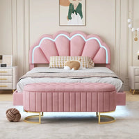 Ensembles de chambre à coucher 2 pièces – Lit plateforme double avec LED et pouf de rangement